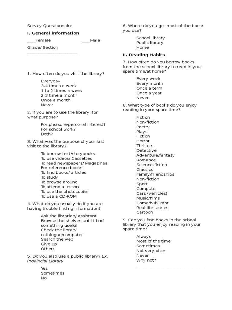 Library Use Survey Questionnaire Libraries
