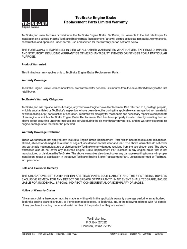 Tecbrake Engine Brake Replacement Parts Limited Warranty Product