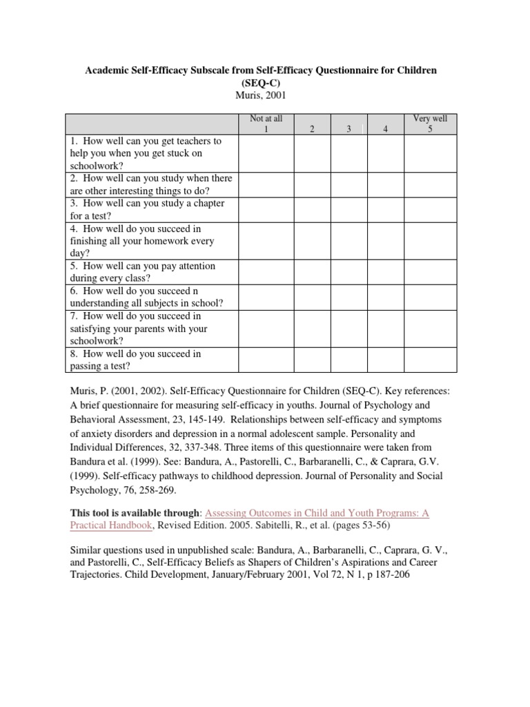 20 SEQ-C_Brief Survey and Subscale Pullout_Self-Efficacy Questionnaire ...