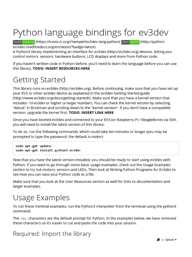 Python Language Bindings For Ev3dev PythonEv3dev 0.6.0 PDF