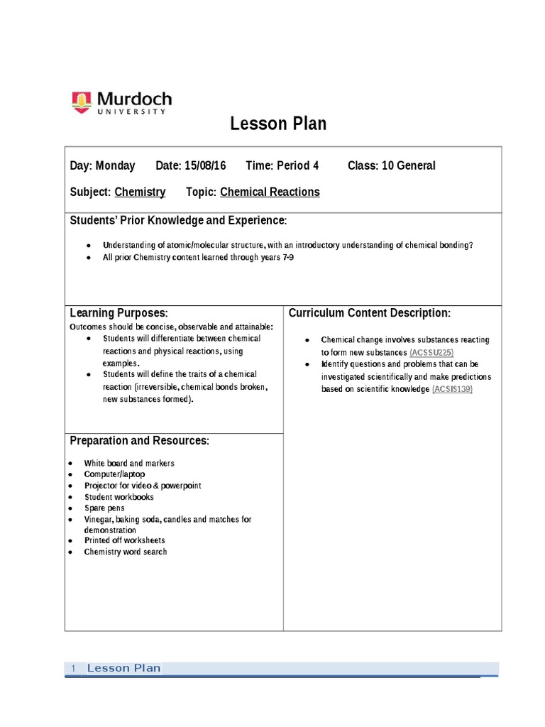 Grade 10 Chemical Reactions Lesson Plan | PDF | Chemical Substances ...