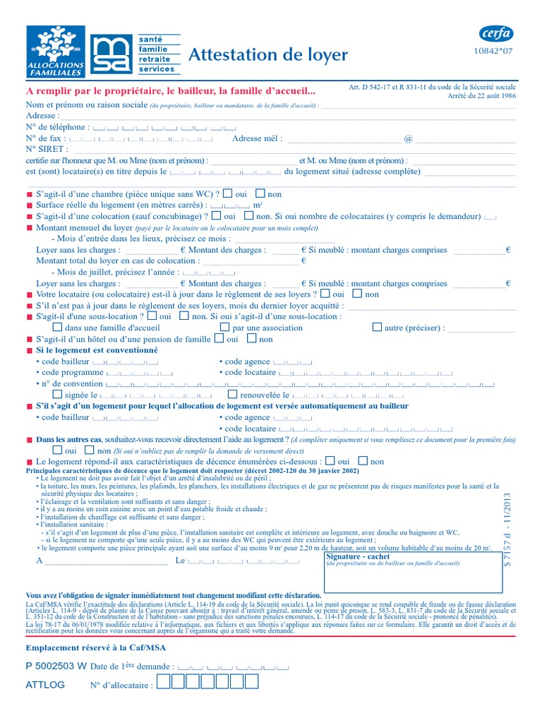 Cerfa 10842 07 Attestation Loyer Residence Foyer Aziz Pdf Logement Securite