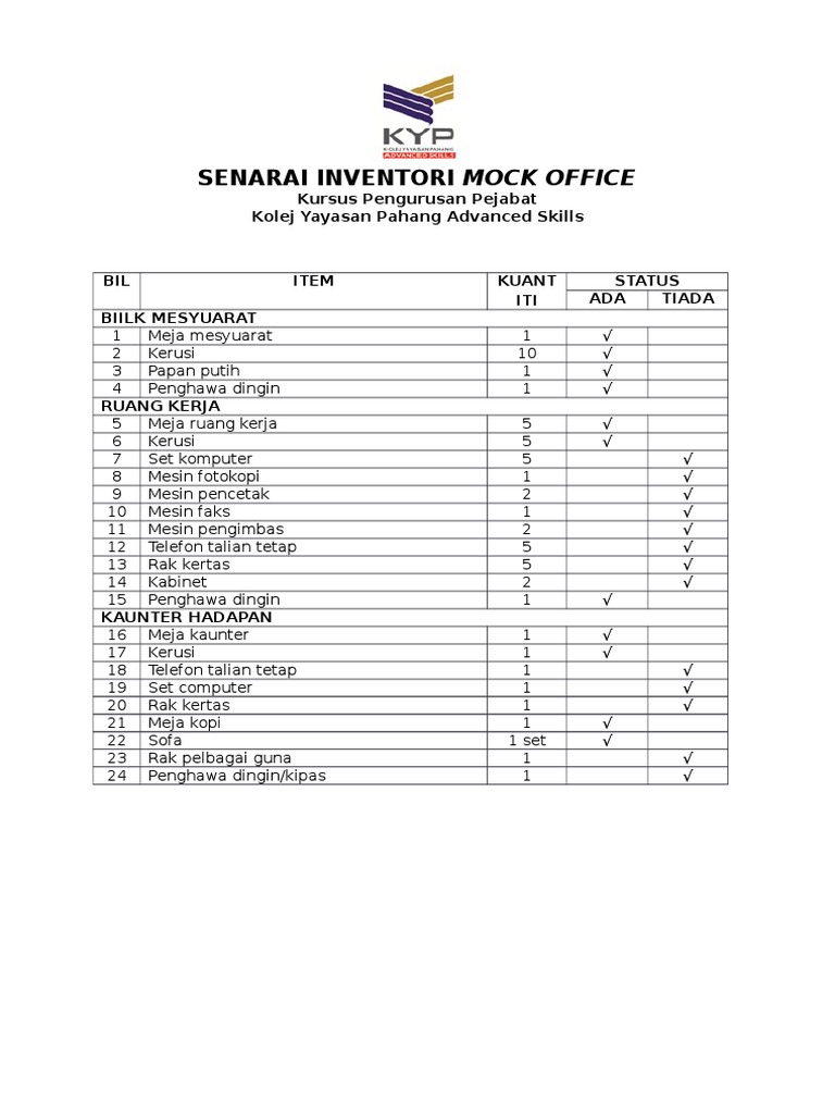 Senarai Inventori Mock Office | PDF