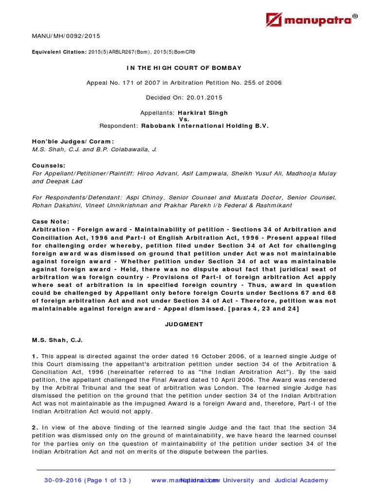 Bombay High Court Ruling on Foreign Award | PDF | Arbitral Tribunal | Arbitration