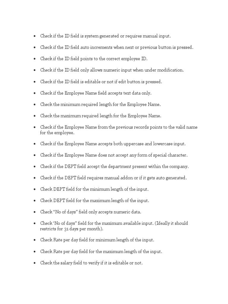 Payroll Testing Scenarios Checklist | PDF | Databases | System Software