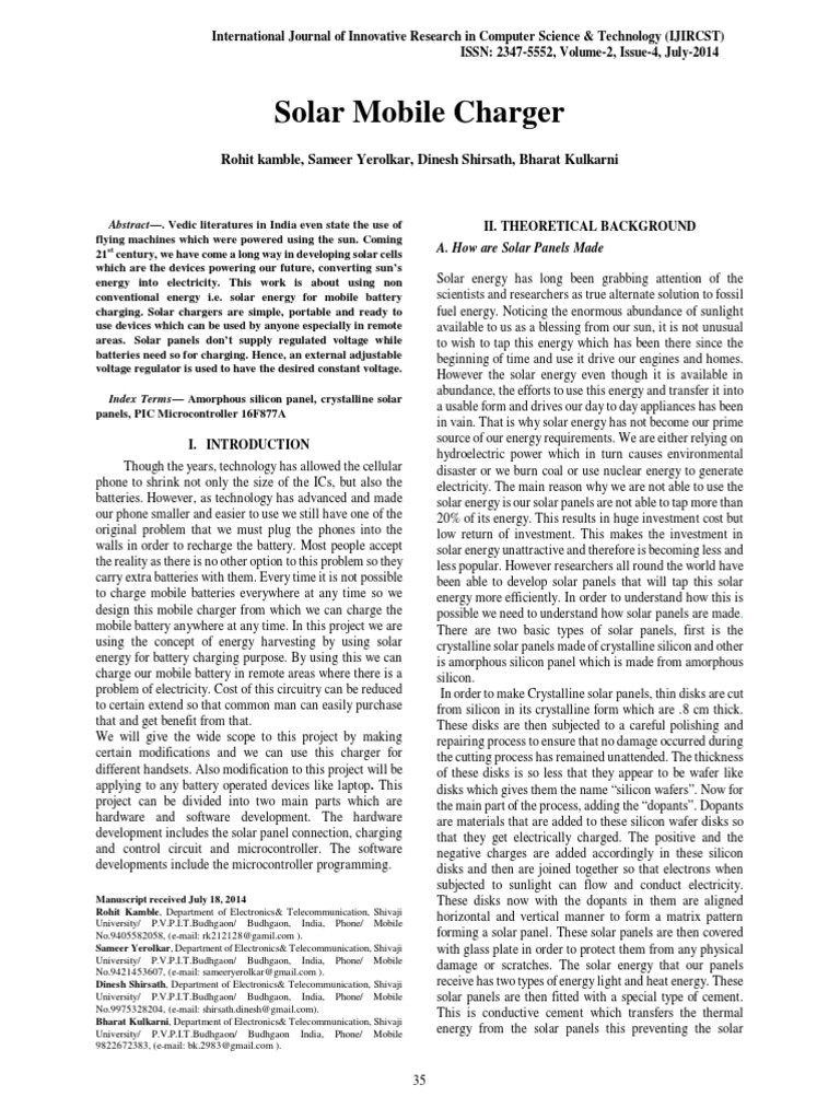 Solar Mobile Charger Rohit Kamble, Sameer Yerolkar, Dinesh Shirsath, Bharat Kulkarni PDF
