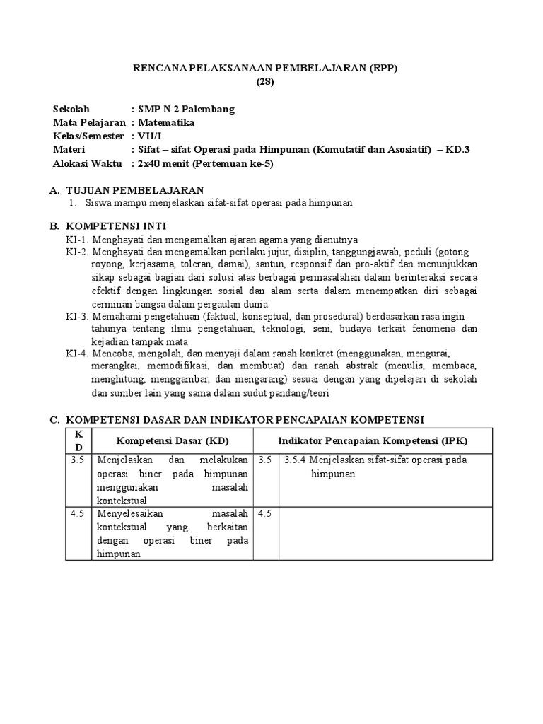 Rpp Himpunan Kd 3 5 5 Sifat Sifat Operasi Pada Himpunan Komutatif Dan Asosiatif