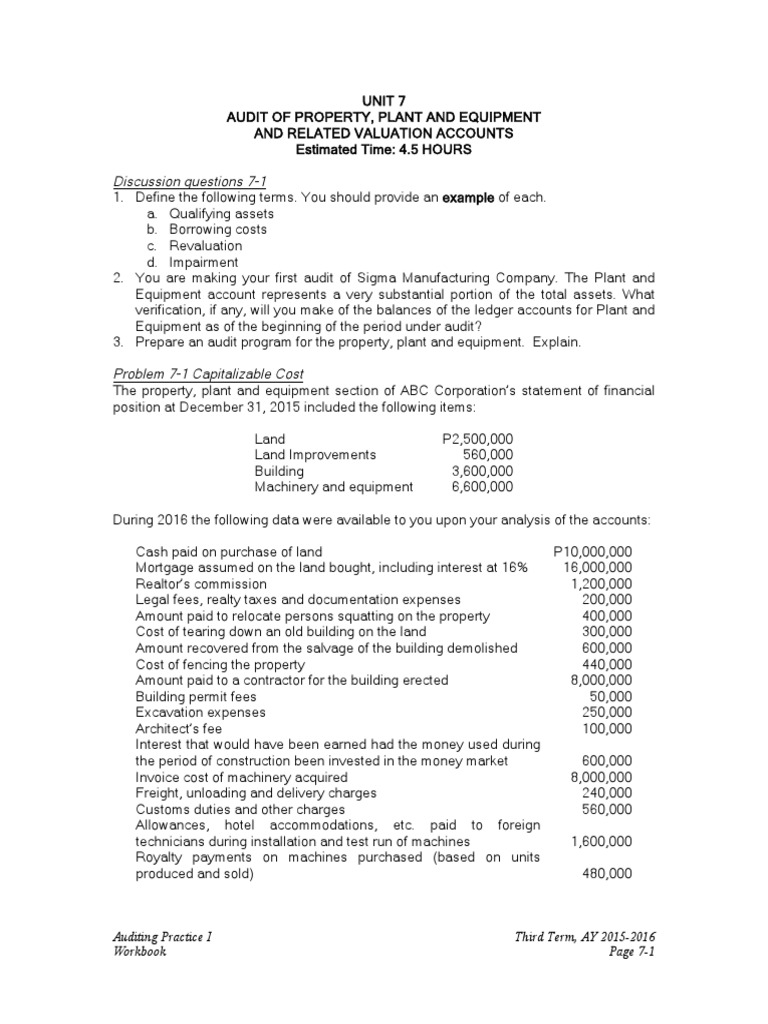 Unit 7. Audit of Property, Plant and Equipment Handout Final t21516 PDF Depreciation