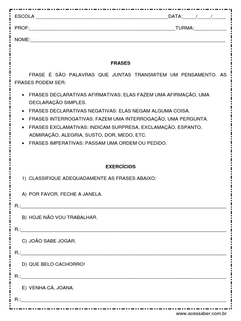 Atividade de Lingua Portuguesa Tipos de Frases 4º Ou 5º Ano