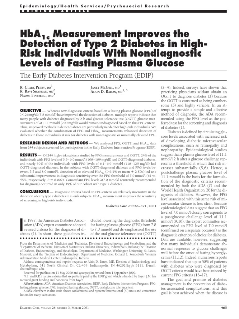 Hba Measurement Improves The Detection of Type 2 Diabetes in High-Risk ...
