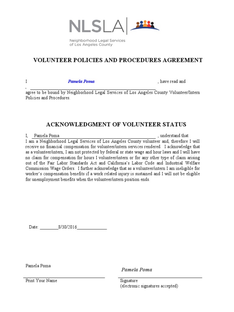 Volunteer Agreement for NLSLA | PDF | Labor Relations | Labour Law