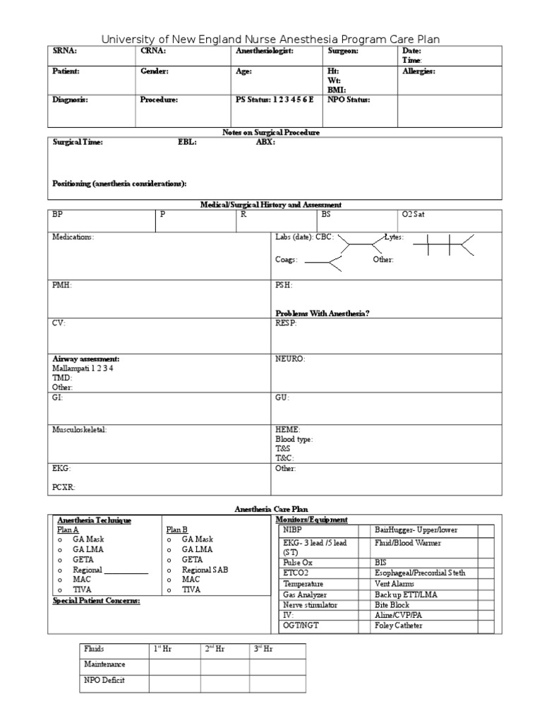 University Of New England Nurse Anesthesia Program Care Plan