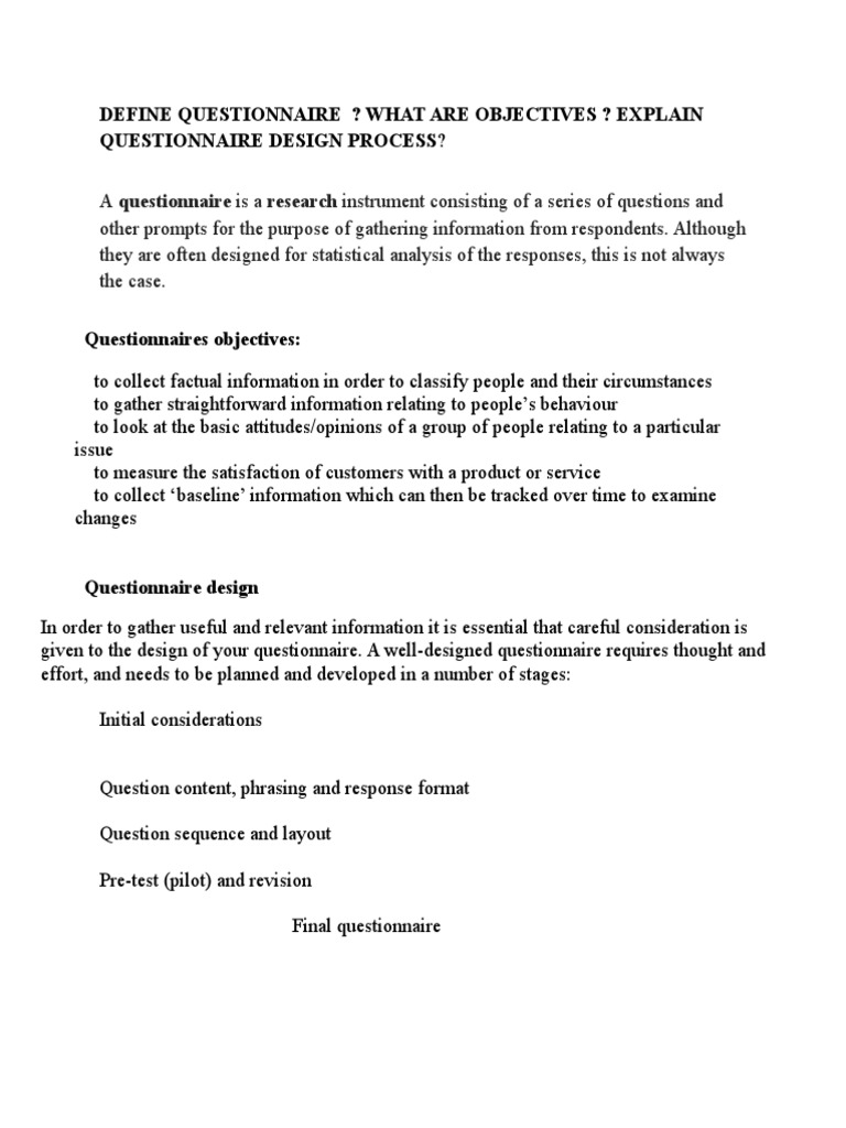 Define Questionnaire Questionnaire Psychological Concepts