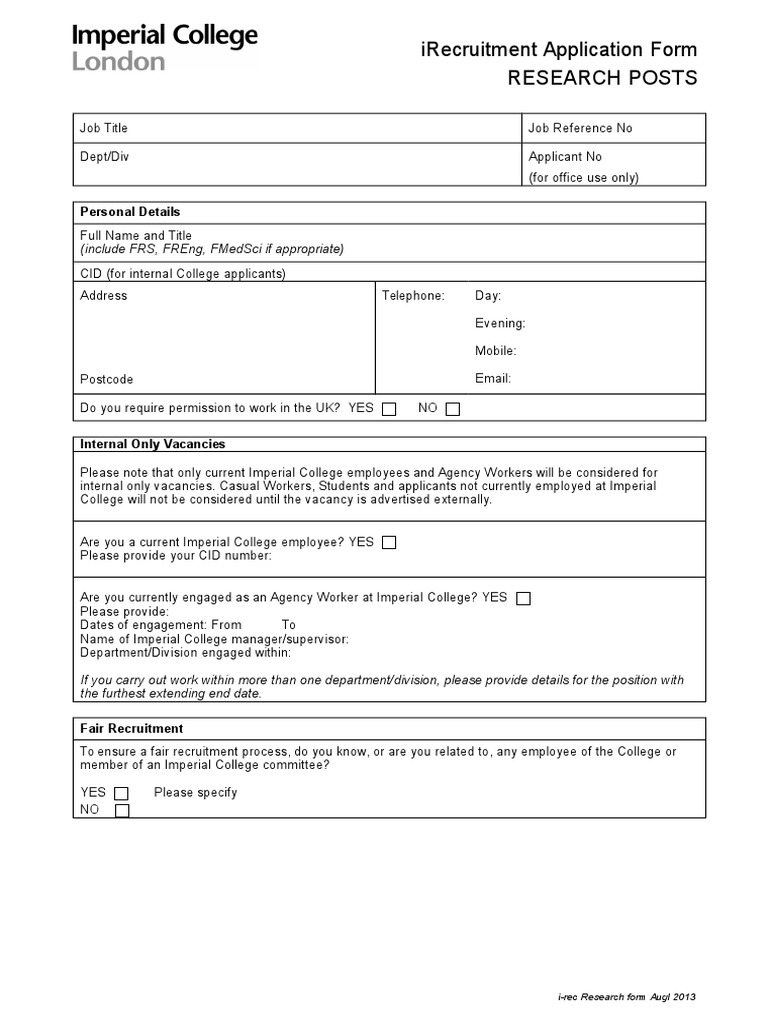 Imperial College Job Application Form | PDF | Recruitment | Employment