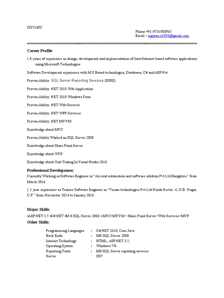 Software Engineer Profile - ASP.NET & SQL | PDF | Microsoft Visual ...