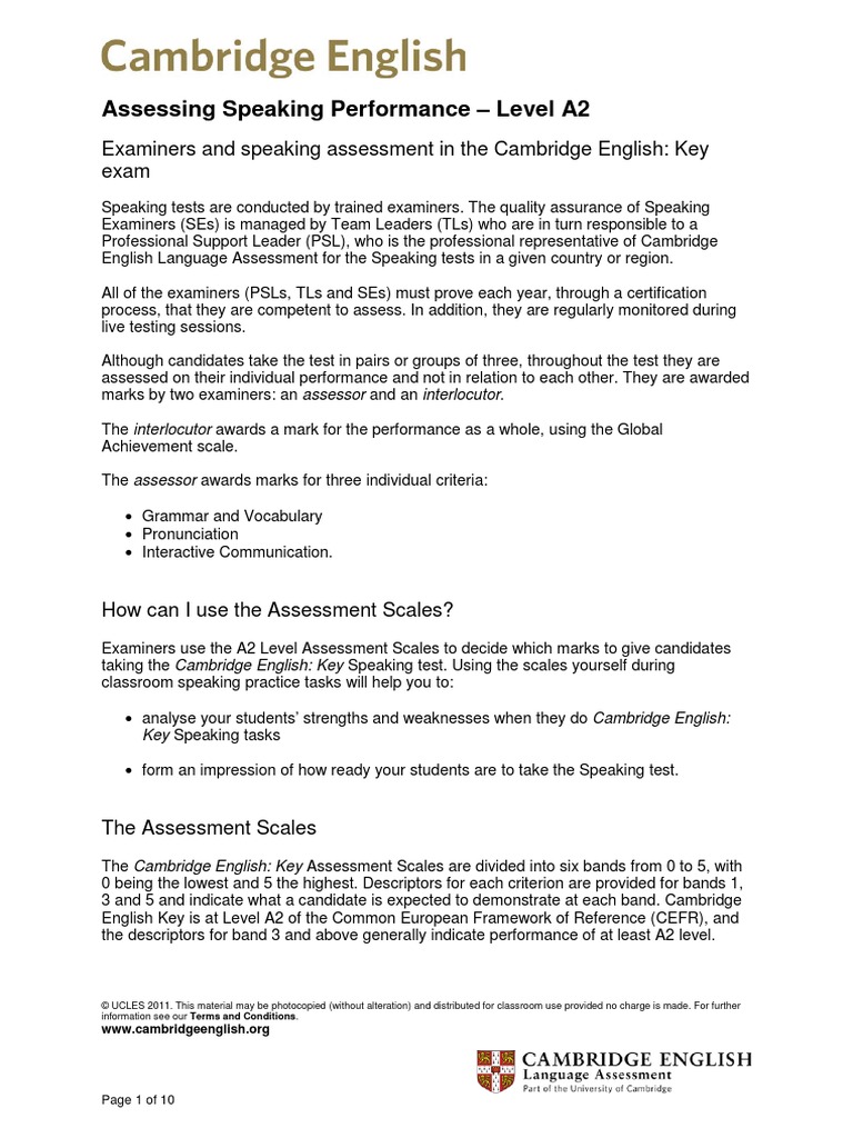 Assessing Speaking Performance at Level A2 | PDF | Educational ...