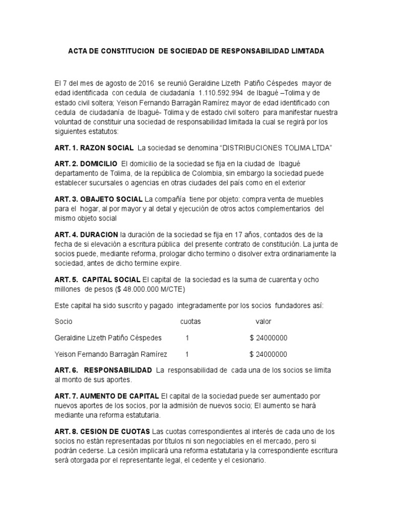 Acta de Constitucion de Sociedad de