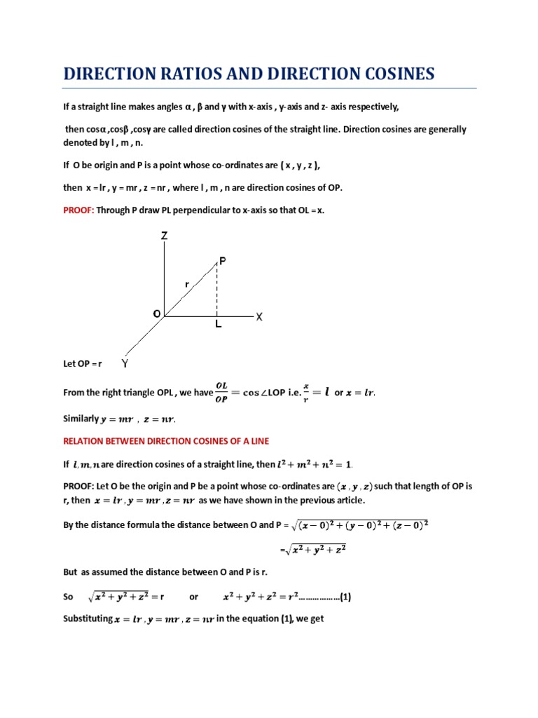 Direction Ratios and Direction Cosines Trigonometric Functions Line (Geometry)