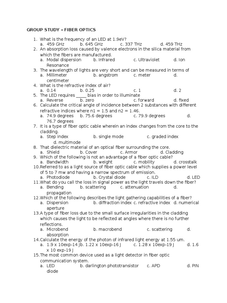 Fiber Optics Questionnaire | PDF | Optical Fiber | Dispersion (Optics)