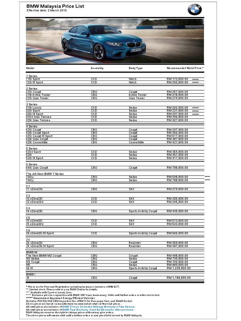 BMW Price List - 020316 Eev | PDF