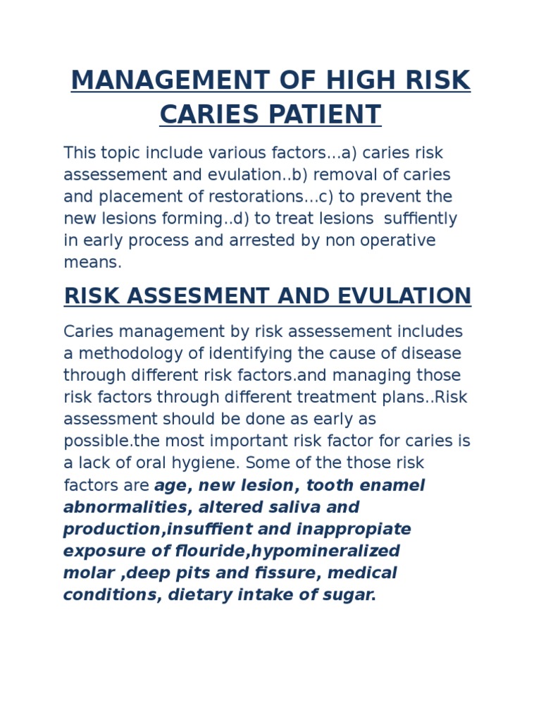 Management of High Risk Caries Dentistry Medical Specialties