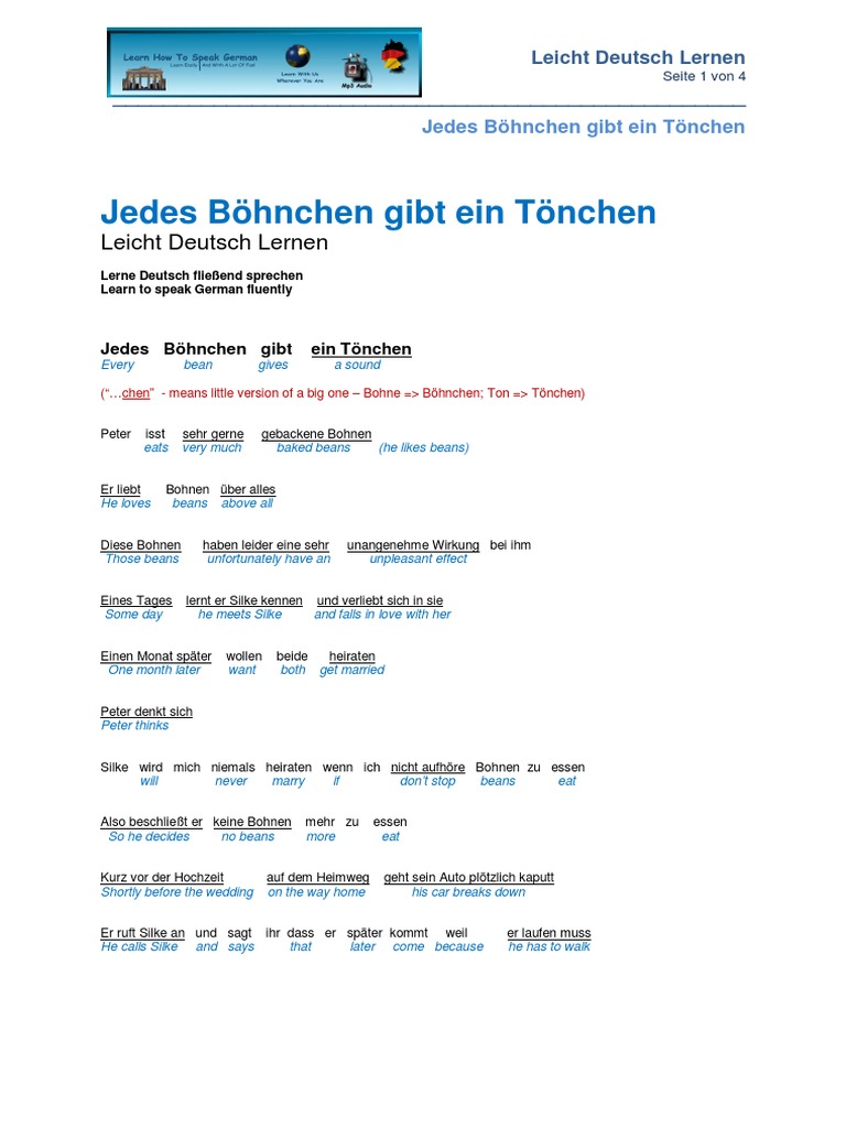 Jedes Böhnchen gibt ein Tönchen Leicht Deutsch Lernen