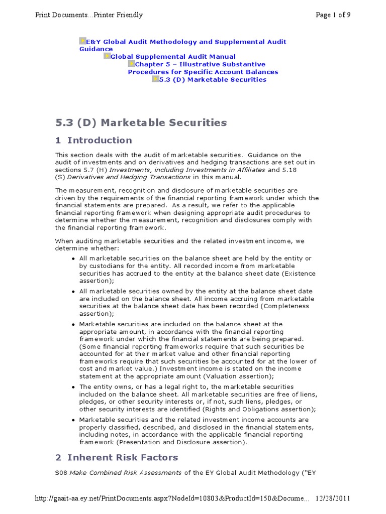 Auditing Marketable Securities Procedures | PDF | Securities (Finance ...