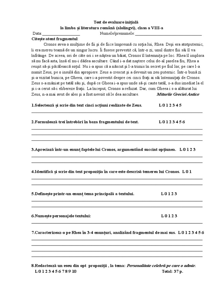 Test de Evaluare Initiala Clasa 8 | PDF