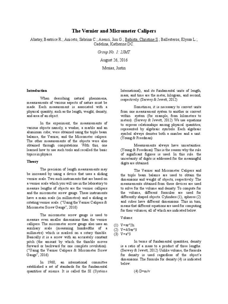 The Vernier and Micrometer Calipers Physics Formal Report Volume