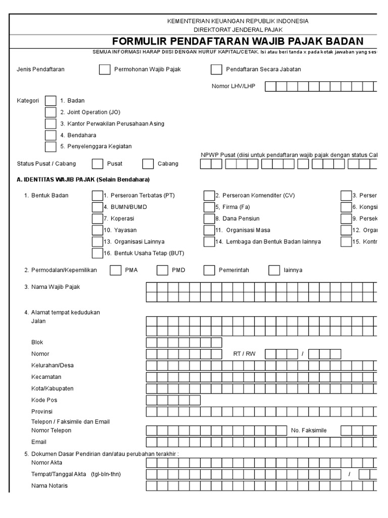 Formulir Pendaftaran NPWP Badan Excel