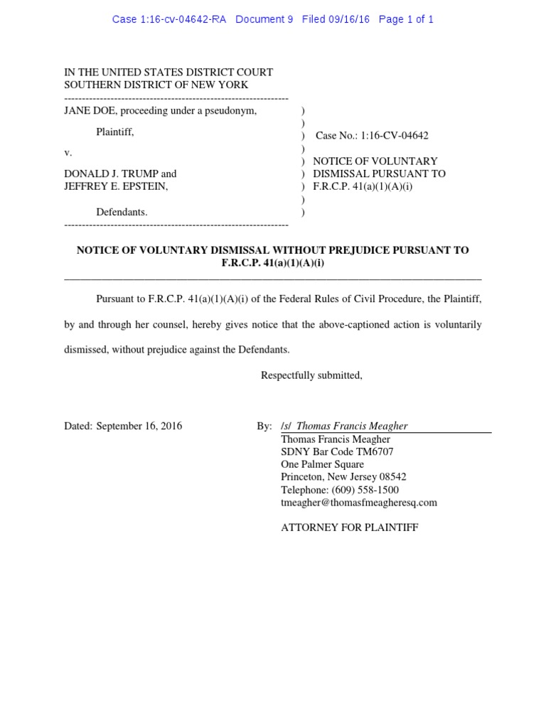 Doe v. Trump et al notice of voluntary dismissal 9/16/16