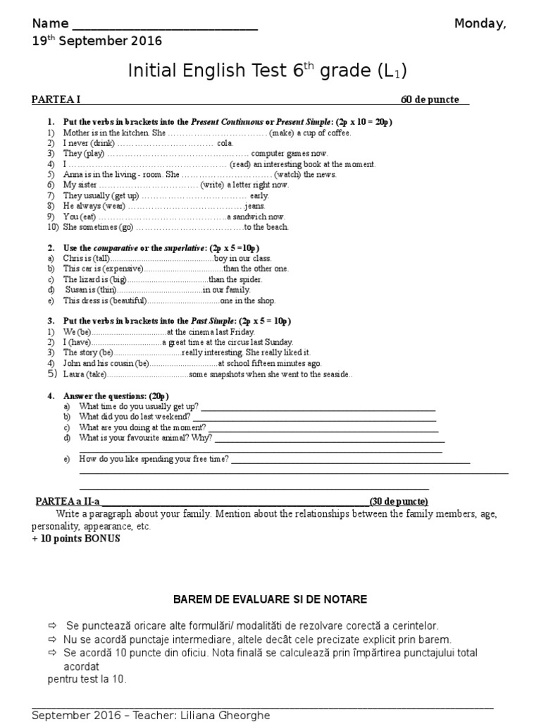 Initial English Test for 6th Grade | PDF