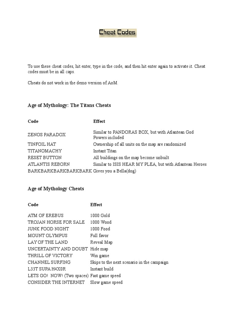 Age of Mythology: The Titans Cheat Codes Guide | PDF | Games & Activities