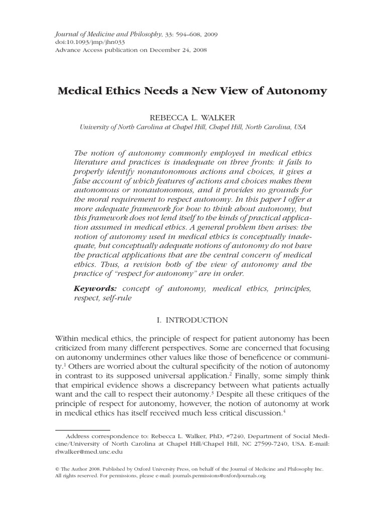Medical Ethics Needs A New View Of Autonomy 2009 Pdf Autonomy