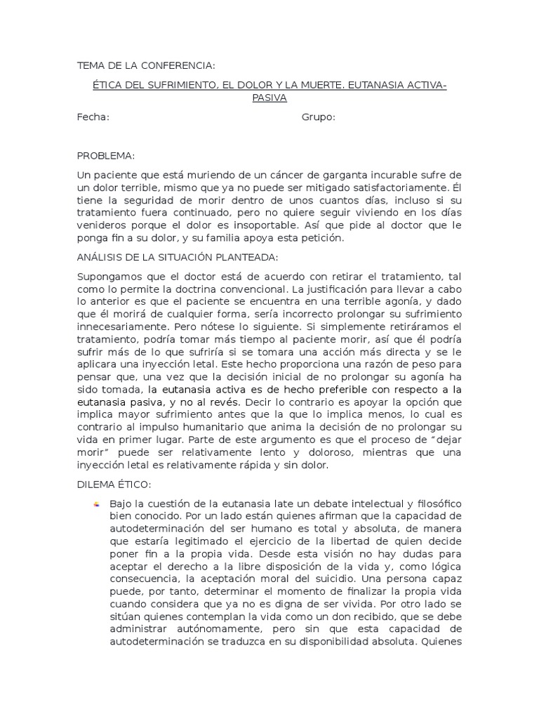 Ética Del Sufrimiento, El Dolor y La Muerte. Eutanasia Activa Pasiva