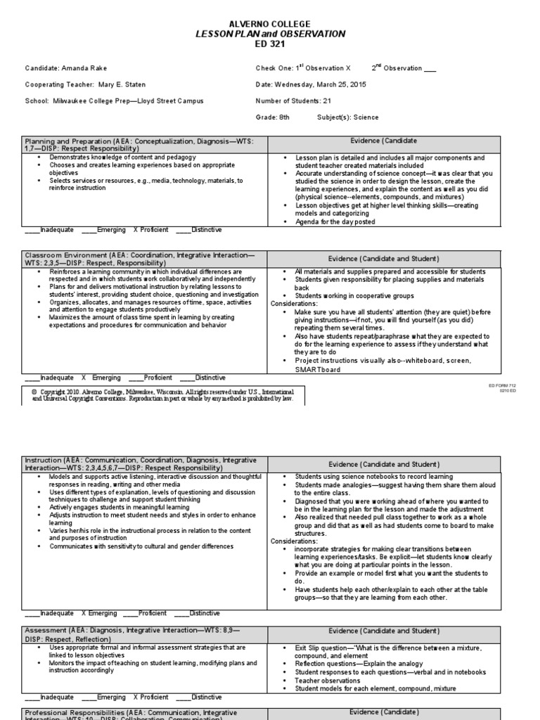 Lesson Plan and Observation: Alverno College | PDF | Lesson Plan ...