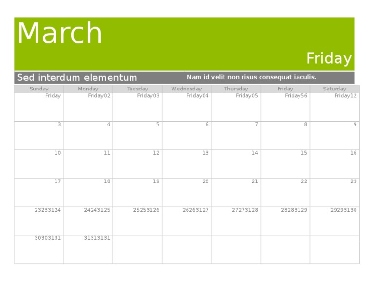 March Calendar with Fridays Highlighted | PDF
