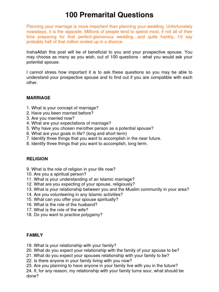 100 Premarital Questions Marriage Anger