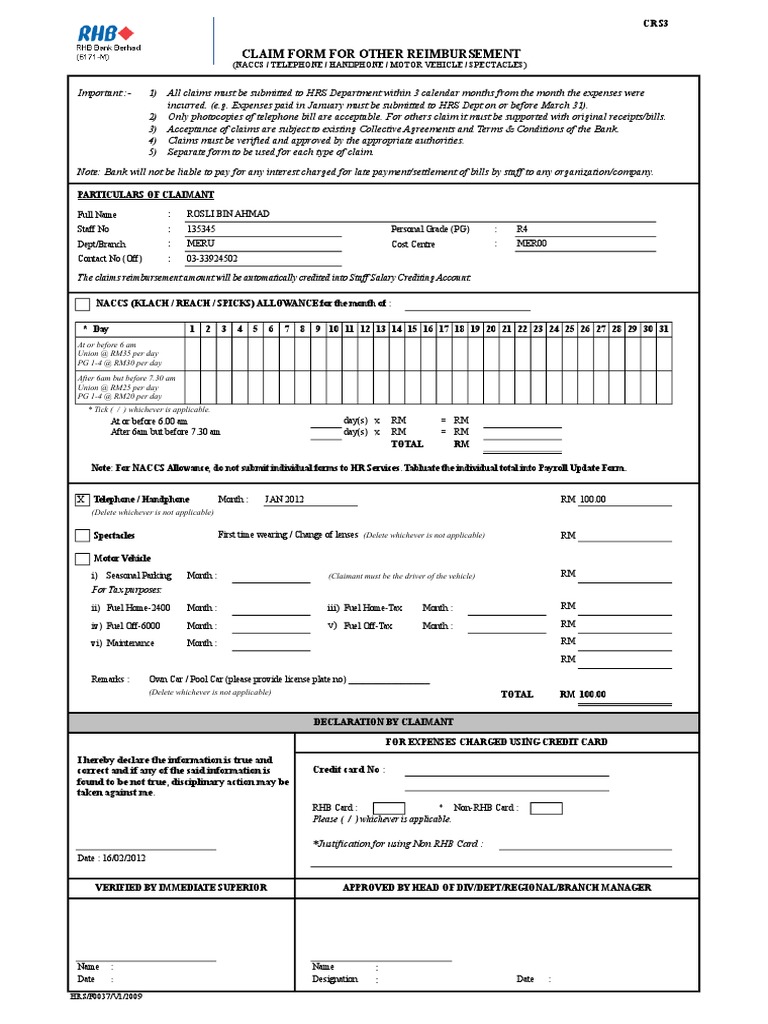 RHB Bank Meru Claims Reimbursement Form | PDF