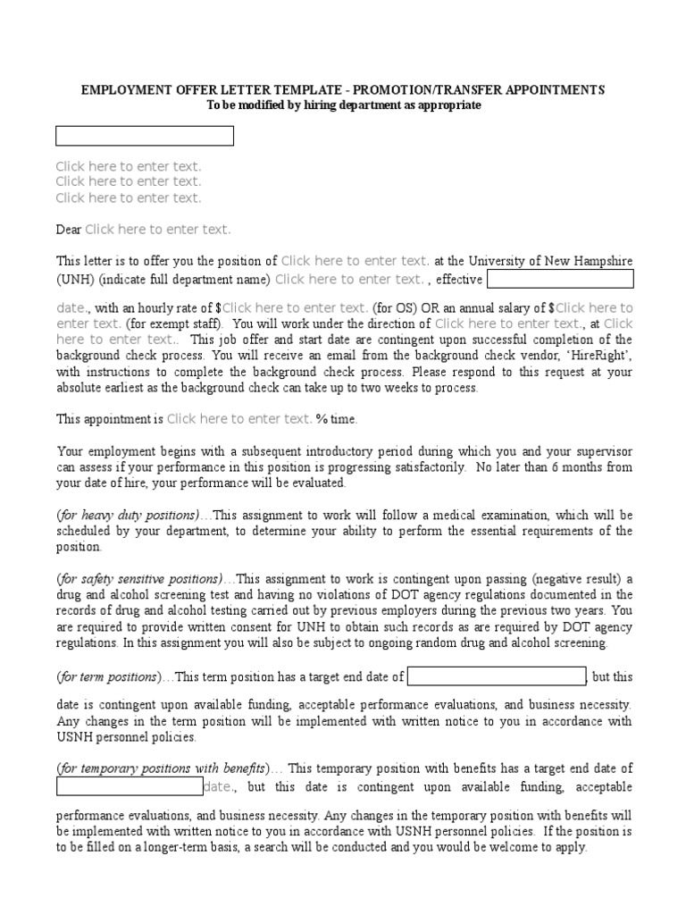 Offer Letter Template Promotion Transfer Appointments | PDF | Background  Check | Employment