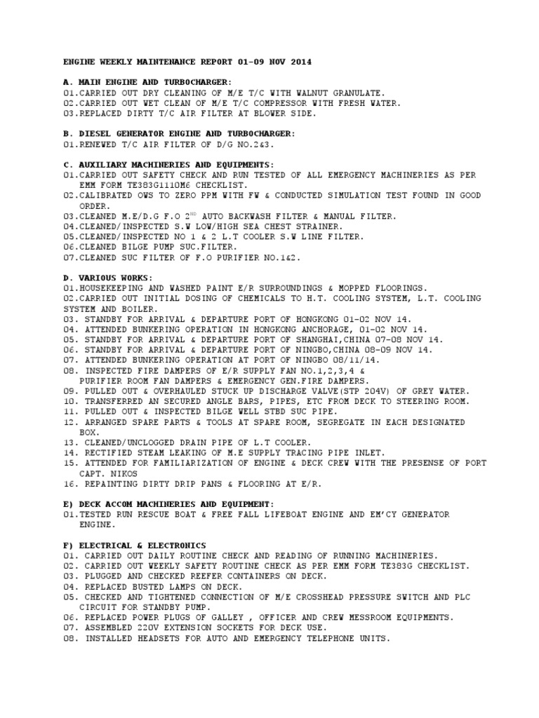 Weekly Engine Maintenance Report | PDF | Engines | Mechanical Engineering
