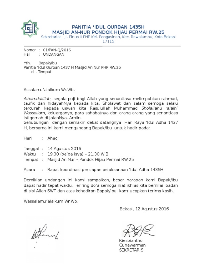Undangan Panitia Idul Qurban 1437 Hdocx