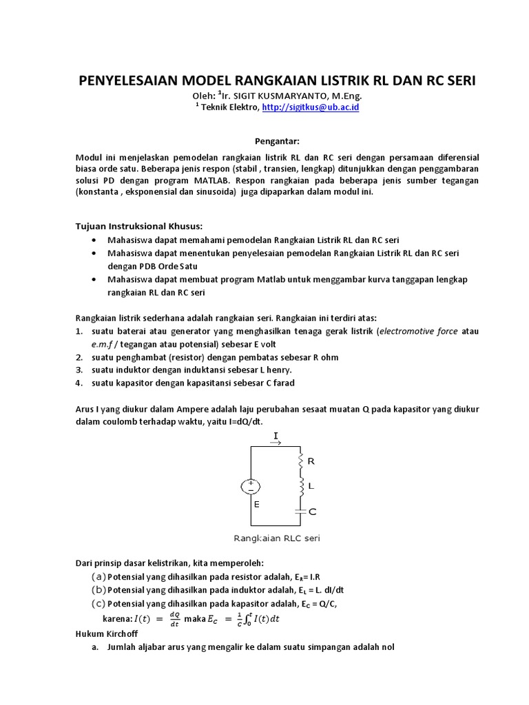 PENYELESAIAN MODEL RANGKAIAN LISTRIK RL RC SERI pdf PENYELESAIAN MODEL RANGKAIAN LISTRIK RL RC SERI pdf