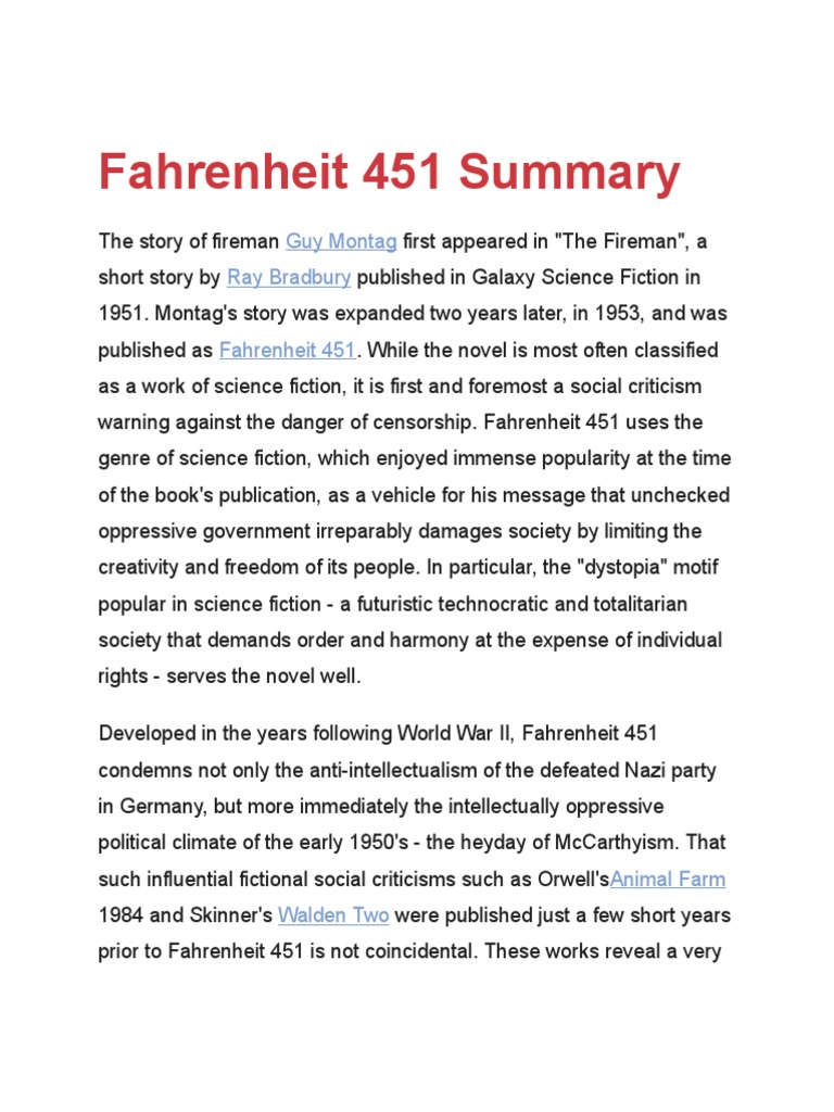Sparknotes For Fahrenheit 451 Fahrenheit 451 Summary | PDF