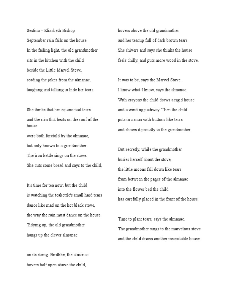 Sestina by Elizabeth Poetry Fiction & Literature