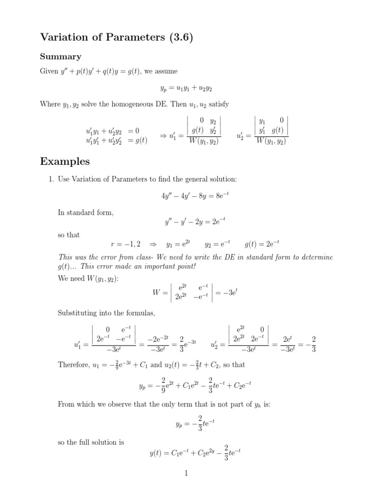 Variation of Parameter Differential Equations Calculus
