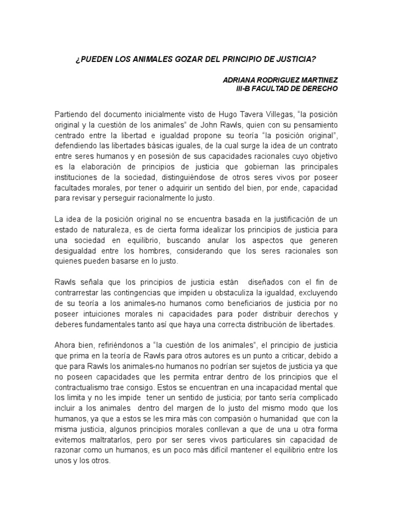 La Posicion Original y La Cuestion de Los Animales PDF John Rawls Justicia