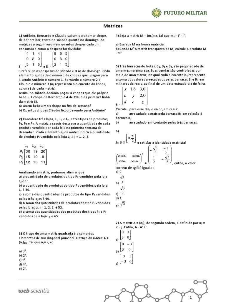Exercícios sobre Matrizes e Traço | PDF | Matriz (Matemática ...