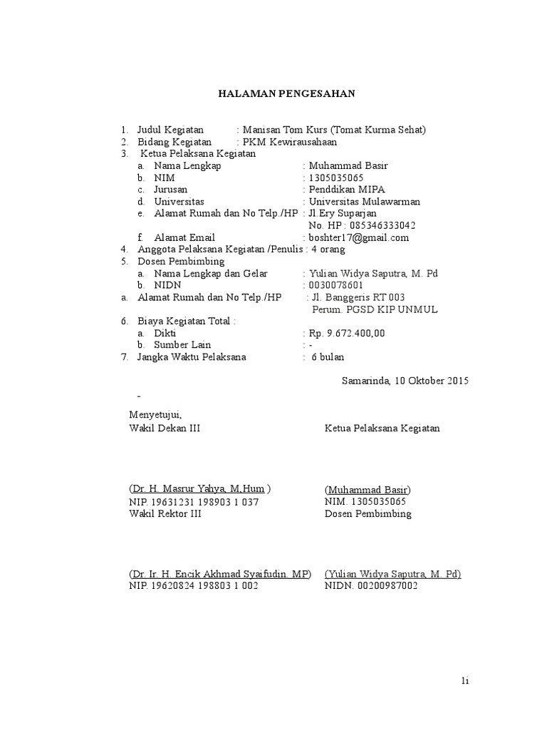 Lembar Pengesahan PKM Manisan Tom Kurs | PDF | Karier & Perkembangan
