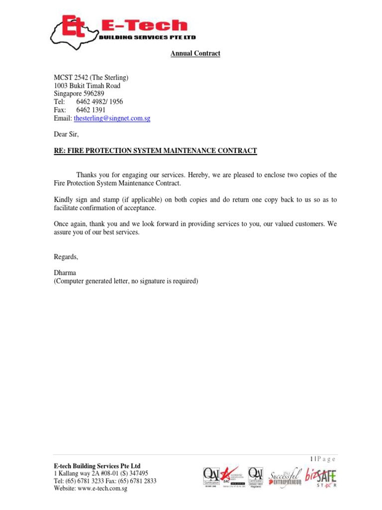 Fire Protection Maintenance Contract 2016 | PDF | Fire Sprinkler System ...